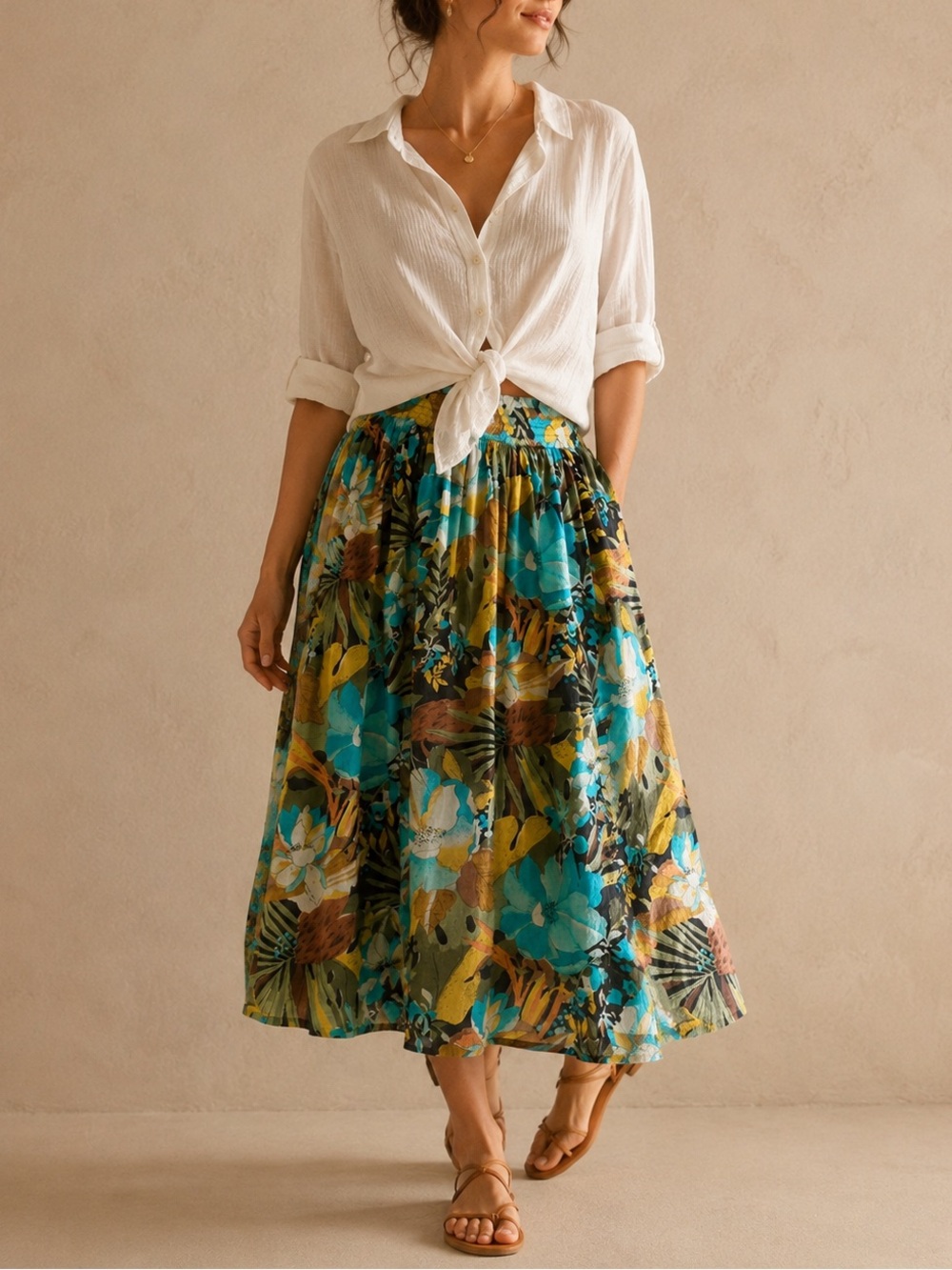 Vintage Take Awayâ Tropical Floral Cotton Gauze Midi Skirt Elastic Waist M Lined